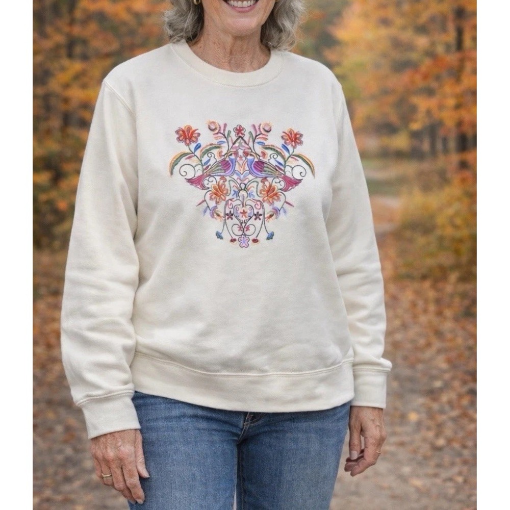 90s‎ Grandmacore Crew neck Floral Bird Embroidered Women's Large Cozy Sweatshirt